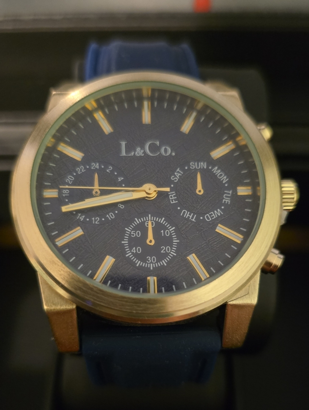 L&Co. Dual Time / Day-Date (Gold Tone / Blue Strap)